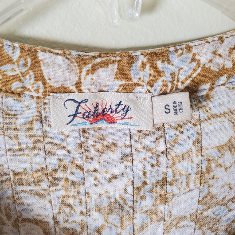 Faherty Hana Short Floral Dress Tan Small Linen Blend Prairie Cottagecore Pleats - Picture 6 of 8
